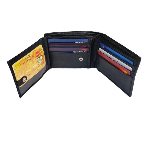 Men's Black Genuine Leather Bifold Traveler Wallet with Button NEW - Picture 1 of 10